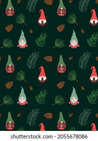 Pattern Little Gnomes Christmas tree branches, cones and acorns