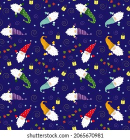 Pattern with little gnomes, flags and lanterns. Christmas festive illustration. The gnomes travel. Vector illustration. For use in packaging, prints, for children, shops, brochures and covers