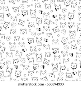 Pattern of little heads of dogs with different emotions and holding the items. Black logos isolated on white background