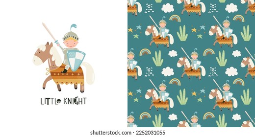 Pattern Little knight with a sword on horseback vector illustration