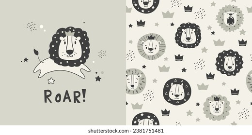 Сhildish pattern with little lion, baby shower greeting card. Animal seamless background, cute vector texture for kids bedding, fabric, wallpaper, wrapping paper, textile, t-shirt print