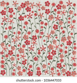 Pattern with little pink flowers. Embroidery floral elements.   Linen cloth texture. Floral wall art embroidery home decor. Colorful