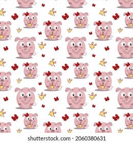 pattern a lot of little pink pig sitting and holding a bell,