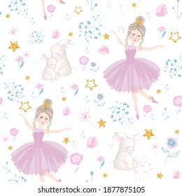 Pattern little princess in the image of a ballerina in the meadow with 
bunnys.