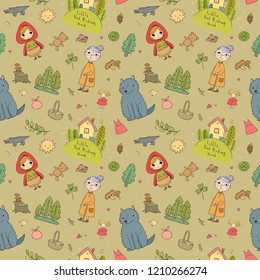 Pattern with Little Red Riding Hood. Girl and wolf, grandmother and house
