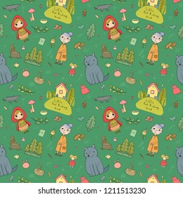 Pattern with Little Red Riding Hood. Girl and wolf, grandmother and house