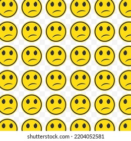 Pattern of little sad emoticons in transparent background with mini doodle (icons). Vector Illustration