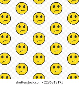 Pattern of a little sad emoticons in transparent background. 8-bit pixel art backdrop. Vector illustration. Vector Illustration