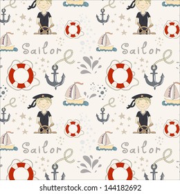 Pattern with little sailor and various marine objects. Eps 10