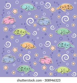 Pattern with a little sleeping rabbits on lilac background.