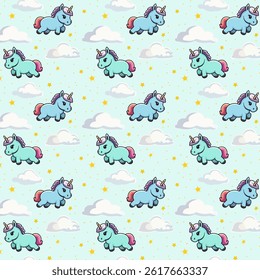 Pattern with little unicorns.Vector seamless pattern with unicorn horses and clouds on a blue background.
