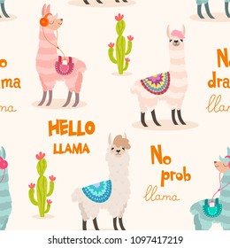 Pattern with llama and cactus. Vector seamless texture.