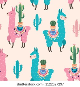 Pattern with llama and cactus. Vector seamless texture.