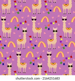 Pattern with llamas, rainbow and flags. Festive vector pattern on a colored background. For packaging, prints and fabric, baby products, scrapbooking, stationery.