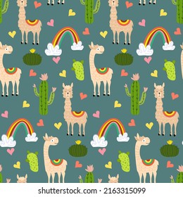 Muster mit Lamas und Regenbogen. Vektorgrafik auf buntem Hintergrund. Für Verpackungen, Drucke und Gewebe, Babyartikel, Scrapbooking, Schreibwaren.