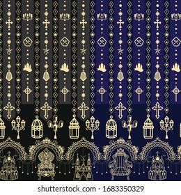 Pattern Lolita Blue Black Navy Gold Castle King Queen Chair Illustration Vector