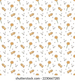 Pattern with lollipop and cookies. Cute seamless pattern with orange lollipop and fish cookies. Cartoon doodle vector illustration.