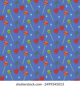 Pattern with lollipop and stylized cherries. Retro style. For packaging, social networks and web pages, children's parties and gender parties. Vector illustration