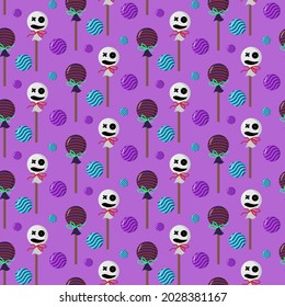 Pattern with lollipops for the holiday halloween. Sweet candy on a purple background. Vector illustration. For packaging, textiles, covers and brochures, flyers.