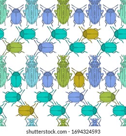 Pattern of long and round multi-colored beetles. Blue, green, yellow insects on a white background. Seamless vector pattern.