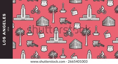 Pattern of Los Angeles on a pink background that highlights symbols of the city: palm tree, movie theater, Route 66, City Hall, Venice Beach...