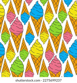 A pattern with lots of bright ice cream. Vector illustration design background. Ice cream in a doodle-style cone with colored spots on the background. Background for printing on textiles and paper.
