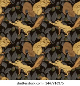 Pattern lots of hazelnuts and leaves and  squirrels in different positions