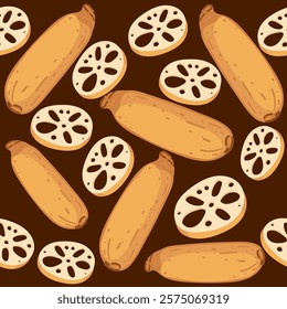 Pattern of lotus roots and taro on a brown background. Ideal for Asian cuisine-themed designs or food packaging. Vector illustration