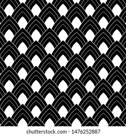 Pattern lotus. Seamless geometric pattern. Geometric simple fashion fabric print. Vector repeating tile texture. Roof tiling or fish squama shapes motif. Single color, black and white. Usable for fabr