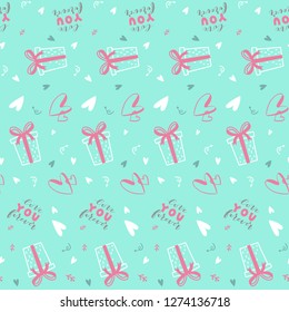 Pattern of Love hand drawn quote with doodle in vector. Background for Valentines Day in black and pink. Present. Gift with ribbon. Love you forever