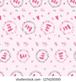 Pattern of Love hand drawn quote with doodle in vector. Pink background for Valentines Day. Love on the wreath. Heart