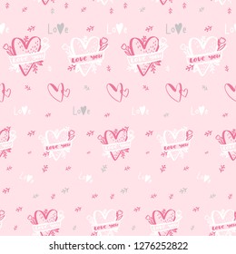 Pattern of Love hand drawn quote with doodle in vector. Pink background for Valentines Day. Heart with ribbon