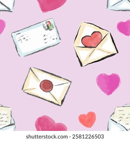 Pattern with love letters and harts. Hand drawn, vector, isolated. Brush texture.