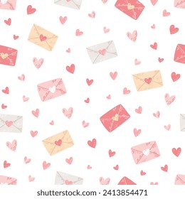 Pattern with love letters and hearts. Cute seamless vector texture for St. Valentine's Day decoration, wrapping paper print