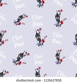 Pattern with I love Paris quote and street lantern flowers. Hand drawn graphic illustration with French symbols. Vector watercolor style vintage seamless background.