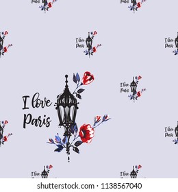 Pattern with I love Paris quote and street lantern flowers. Hand drawn graphic illustration with French symbols. Vector watercolor style vintage seamless background.