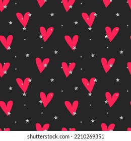 Patrón amor y pasión. Estrellas brillantes de plata y corazones rosas sobre fondo oscuro. Antecedentes del Día de San Valentín. Diseño romántico de papel pintado con símbolo de amor. ... Ilustración del vector