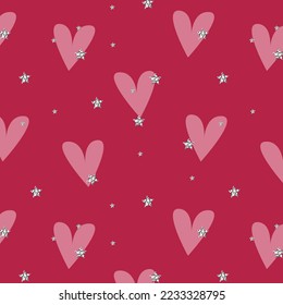 Pattern Love and Passion Viva Magenta color of the year 2023. Shiny gold stars and pink hearts. Valentines Day, Wedding. Vector illustration