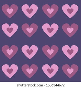 Pattern love, Valentine's Day, pink hearts of different features on dark blue background, isolated vector illustration