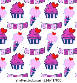 El patrón te quiere. Impresión de color. Iconos ilustraciones vectoriales. Conjunto de texto en diferentes colores y tipos. El amor romántico de San Valentín 