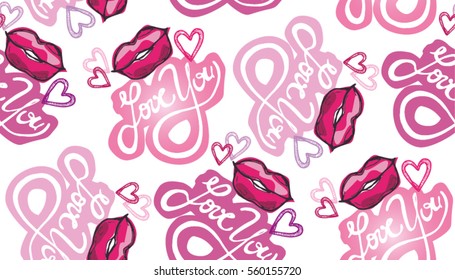 Pattern with 'love you' and lips, kiss.  hand lettering - handmade calligraphy; scalable and editable vector illustration;