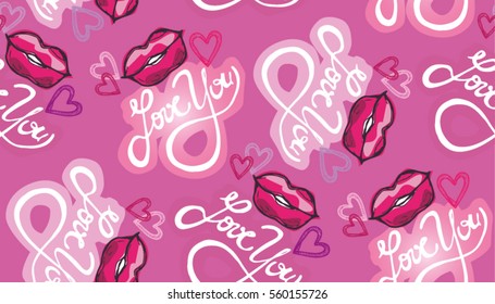 Pattern with 'love you' and lips, kiss.  hand lettering - handmade calligraphy; scalable and editable vector illustration;
