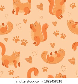 Pattern with lovely adorable fat cats. Seamless pattern. Cartoon cats walking and playing, paws and hearts background. Perfect for kids textile, fabrics. Childish illustration.