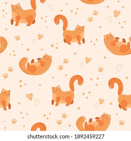 Pattern with lovely adorable fat cats. Seamless pattern. Cartoon cats walking and playing, paws and hearts background. Perfect for kids textile, fabrics. Childish illustration.