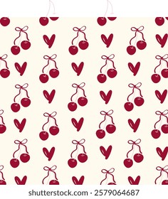 pattern of lovely cherries with hearts on a square and beige background, printable texture