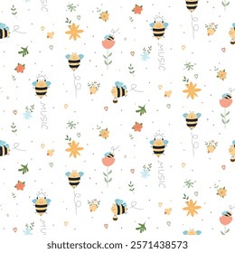 Pattern Lovely pattern of cute cartoon bees flying and collecting honey. Each bee has a happy expression with pink cheeks and small wings