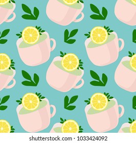 Pattern of lovely tea mugs with lemon and green leaves. Refreshing tea. Vector Pattern on the blue background