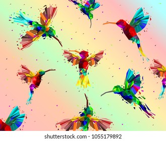 Pattern with Low poly colorful Hummingbird with rainbow back ground,animal geometric,party birds concept,vector.	
