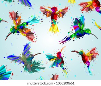 Pattern With Low Poly Colorful Hummingbird With Rainbow Back Ground,animal Geometric,party Birds Concept,Abstract Vector.

