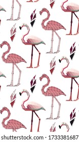 pattern of low poly flamingos with plants: flamingo with points, flamingo in colour , vector graphic  illustration on white background